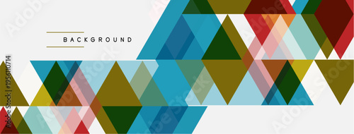 Geometric triangles overlap, creating colorful abstract background. Shapes vary in size, hue, texture. Modern design element.