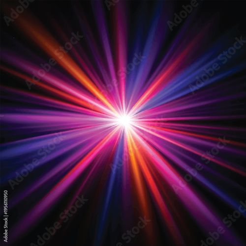 An abstract colorful light background design featuring a vibrant purple and pink star burst pattern with bright laser rays and a shiny blue energy glow in a vector illustration wallpaper