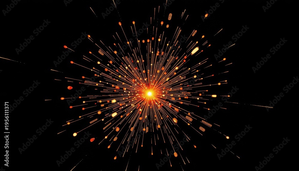 Obraz premium Explosive Radiance of Vibrant Bright Sparks Emanating from a Central Luminous Point Against a Dark Backdrop