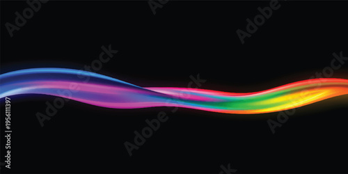 An abstract colorful wave design featuring a vibrant rainbow flow of light and motion curves against a dark black background, creating a high-energy technology wallpaper template with blue lines