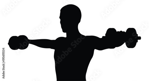 Strong fit person lifting dumbbells exercising fitness workout routine silhouette against white background