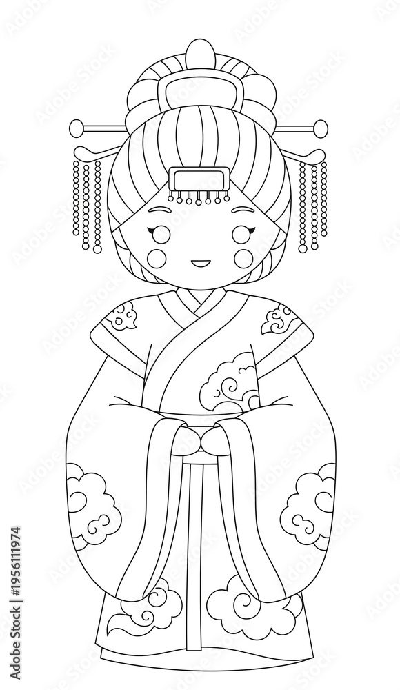 Fototapeta premium Cute girl in traditional Asian dress with intricate hairstyle and patterns