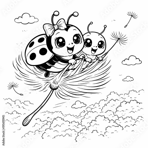 Cute cartoon ladybugs flying on dandelion fluff in a whimsical sky
