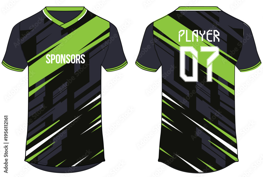 Fototapeta premium Black and green Diagonal Stripe Sports Jersey design flat sketch illustration, v neck Football jersey concept with front and back view for Soccer, Cricket, Volleyball, Rugby, badminton uniform kit
