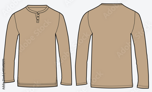 Split Hem Henley Neck Long Sleeve Crew Neck T-Shirt Flat Sketch. Button placket side vent hem T-shirt  Round Neck Fashion Technical Drawing front and back Vector Template