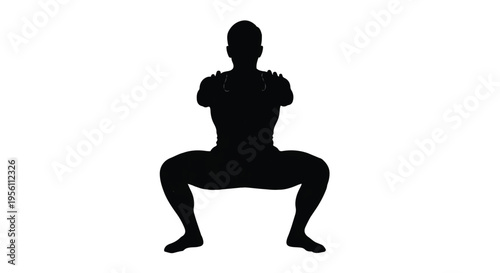 Silhouette of a fit man performing a sumo squat or deep squat exercise for leg strength