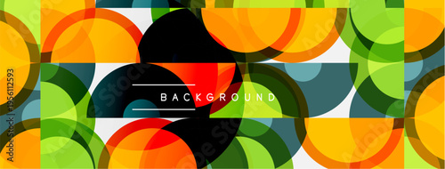 Abstract geometric pattern. Overlapping circles create vibrant, colorful background. Modern design with yellow, green, orange hues.
