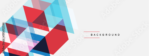 Abstract geometric shapes overlap, creating vibrant color composition. Red, blue, pink hues dominate neutral backdrop. Modern design element.