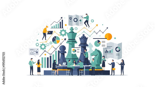 Business team collaborating on grand strategic planning with chess pieces and financial data, vector illustration for corporate tactical management, leadership competition, and goal achievement.