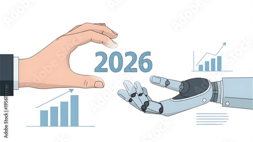 Human and robot hands reaching for year 2026 with financial growth charts, vector illustration for future technology trends, AI business integration, and economic forecasting.