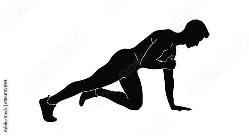 Black silhouette of fit young man doing push-ups exercise in dynamic athletic pose on white background for fitness and sports concept