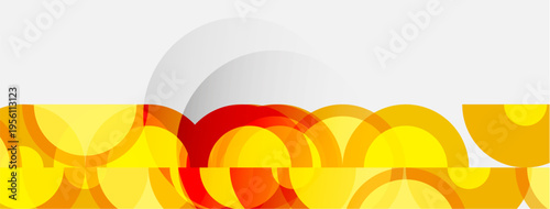 Abstract design features overlapping circles, warm colors, white space. Modern aesthetic, simple composition, vibrant hues present.