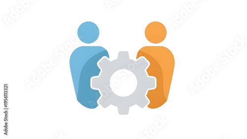Two people icons with gear mechanism, vector illustration for technical support, teamwork collaboration, and business process management icons.
