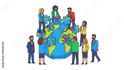 Diverse business team assembling a world map puzzle on a globe, vector illustration for global collaboration, international partnership, and worldwide corporate unity.