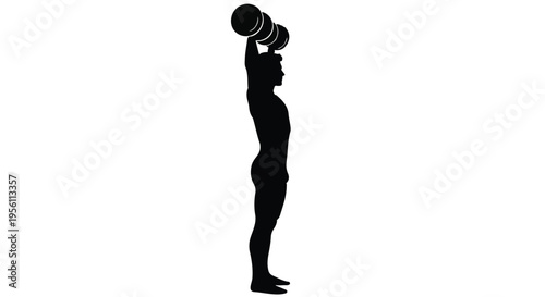 Silhouette of a muscular man performing an overhead shoulder press with a barbell