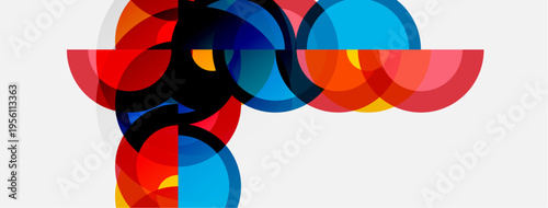 Abstract composition featuring overlapping colorful circles. Red, blue, black hues create dynamic visual effect. Modern design.