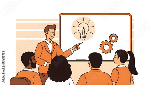 Business leader presenting creative ideas and gear mechanisms on whiteboard to team, vector illustration for brainstorming sessions, innovation workshops, and corporate training.