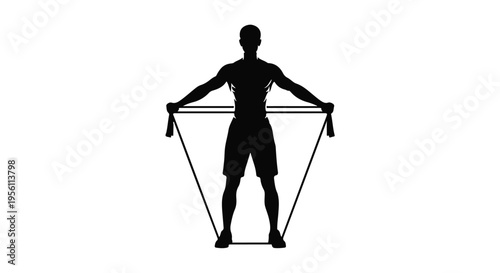 Man exercising with resistance band fitness workout silhouette isolated on white background