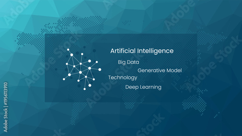 Artificial intelligence symbol. AI neural network machine deep learning processing big data analysis technology. Vector poly background. World map for global business, web design
