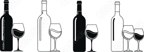 Minimalist black white wine bottle and glass icon set with alternating color schemes, ideal for bar branding, menu design, beverage marketing