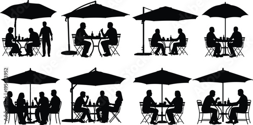 Collection of eight black silhouettes of people sitting at café tables under umbrellas, socializing and dining outdoors for lifestyle, leisure, and design projects