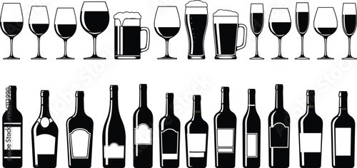 Diverse Collection of Beverage Bottles and Glassware Silhouettes on a Clean White Background