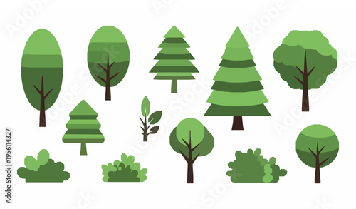 Title:
Abstract green trees and leaves vector collection in flat design style isolated on white background for nature themes
