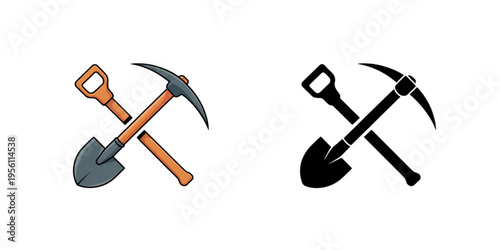 A colorful and a black silhouette icon set featuring a crossed shovel and a classic mining pickaxe Vector