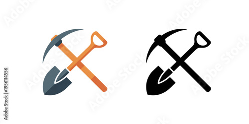 A pair of crossed pickaxe and shovel tools represented in both color and solid black silhouettes Vector