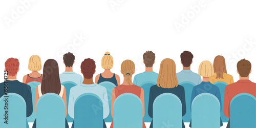A diverse group of people sitting in rows and facing forward during a presentation or conference Vector