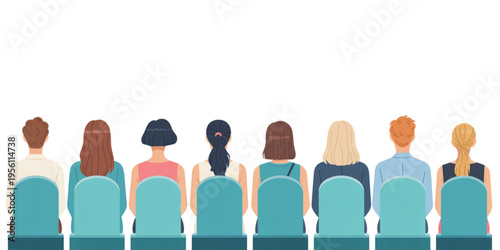 A diverse group of people sitting in a row facing forward while attending a public event meeting Vector