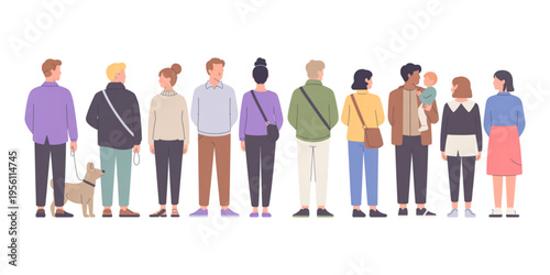 Diverse group of people standing in a line as seen from the back in a modern flat vector style Vector