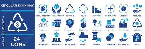 Circular Economy icon set illustrating circular, economy, sustainability, recycling, reuse, reduction, regeneration, lifecycle, resource, efficiency, waste, recovery. solid