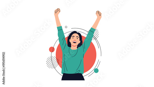 Energetic young woman raising her arms in excitement and celebrating a victory or achievement with a bright smile.