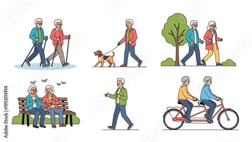 Collection of active senior citizens enjoying outdoor activities like nordic walking, cycling, and strolling through the park together.