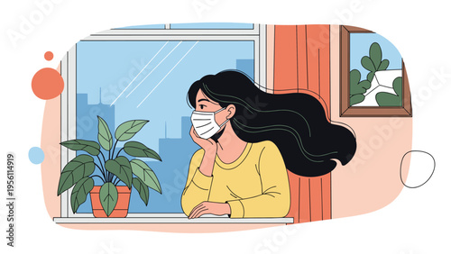 Young woman with long dark hair wearing a protective face mask looking thoughtfully out of a window in her urban apartment.
