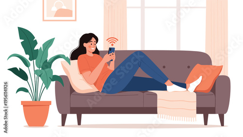 Happy young woman relaxing on a comfortable couch at home while browsing social media on her smartphone using a high speed wifi connection.