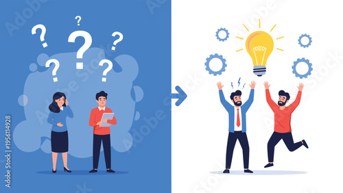 Transformation from confusion to creative problem solving showing people moving from uncertainty with question marks to having a bright idea.