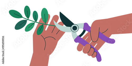 A pair of pruning shears being used to carefully trim a small branch with green leaves by hand Vector