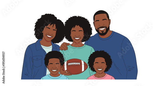 Portrait of a happy African American family with three children and the father holding an American football ball.