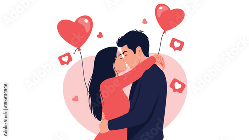 Romantic young couple sharing a tender kiss surrounded by red heart shaped balloons and social media like icons for valentines day.