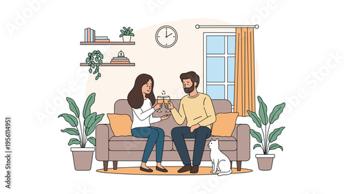 Young couple celebrating a special occasion at home while sitting on a couch and toasting with glasses of wine in their cozy living room.