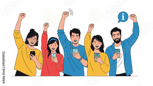 Group of enthusiastic diverse people cheering and holding their smartphones together while celebrating success or advocating for a shared cause.