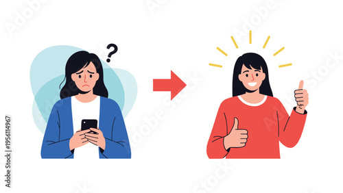 Woman transitioning from a state of confusion while looking at her smartphone to a feeling of success and giving a confident thumbs up.