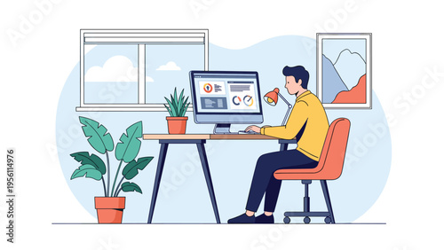 Professional man working on a desktop computer at his organized home office desk featuring charts and data dashboards on the monitor.