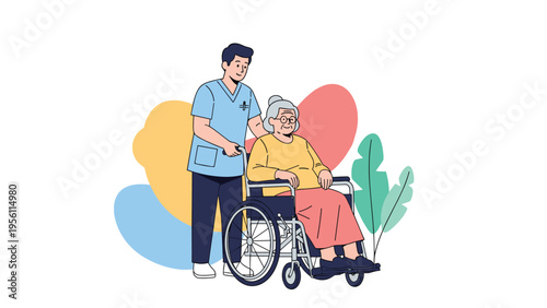 Caring male nurse or caregiver pushing an elderly woman in a wheelchair to assist with her mobility and provide medical support services.