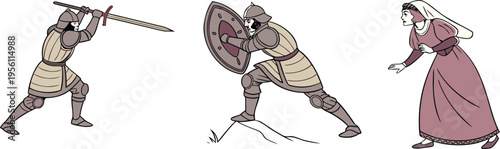 Medieval Knight with Sword, Shield, and Peasant Woman Vector Illustration Set