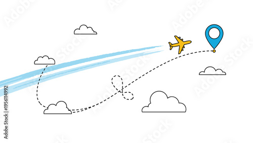 Concept of travel and destination showing a small airplane flying through the clouds along a dotted line towards a blue location pin.