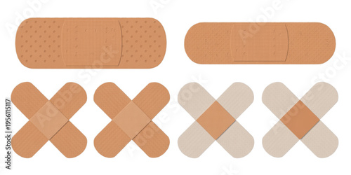 Collection of various adhesive bandages in different shapes for medical wound care and protection Vector