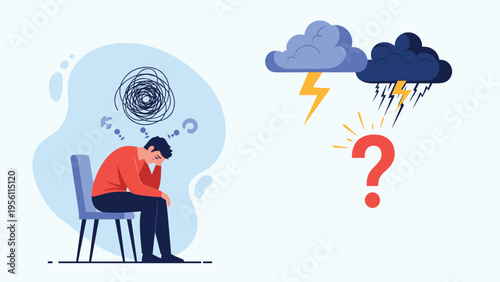 Depressed man sitting on a chair with a storm cloud over his head representing mental health issues and confusion.